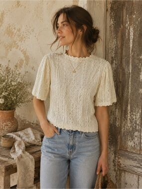 Rockin G Cream Lace Knit Flutter Sleeve Top Boho Cottagecore Blouse Size Large